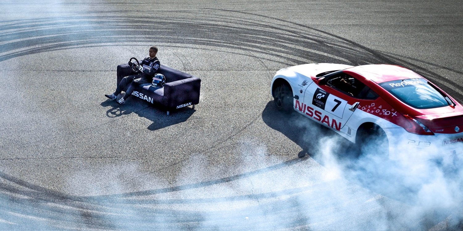 Nissan Race Car doing donuts around kid on couch
